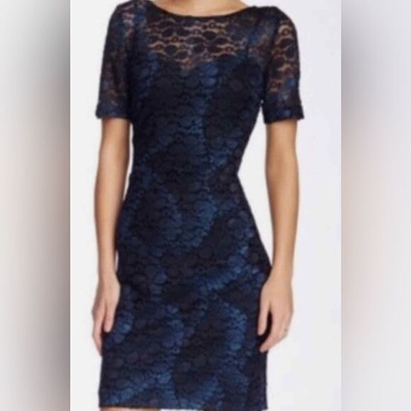 Belle Badgley Mischka navy lace overlay midi dress - Picture 1 of 10